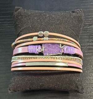 RYZE Pink Lilac Boho Cuff Multi-Strand Bracelet with Purple Druzy